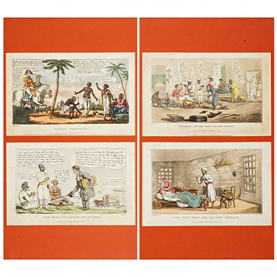 A group of four hand colored satirical caricatures 