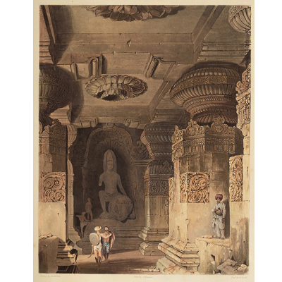 INTERIOR OF THE CAVE TEMPLE OF INDRA SUBHA AT ELLORA BY GRINDLAY