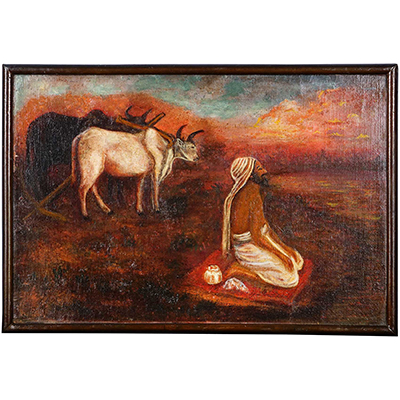 FARMER AND BULL WITH PLOW