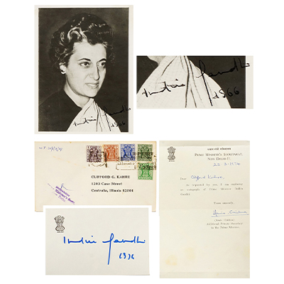 INDIRA GANDHI AUTOGRAPHED PHOTOGRAPH 1966 WITH SIGNED OFFICAL CARD 1974