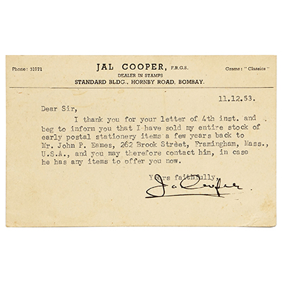 JAL COPPER SIGNED LETTER (FATHER OF INDIAN PHILATELY)