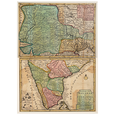 SET OF 2 RARE EARLY DUTCH MAPS ON NORTHERN & SOUTHERN INDIA (I) KAARTJE VAN DE GROOTE MOGUL OF HET RYK VAN INDOSTAN (II) KAARTJE VAN MALABAR EN COROMANDEL 