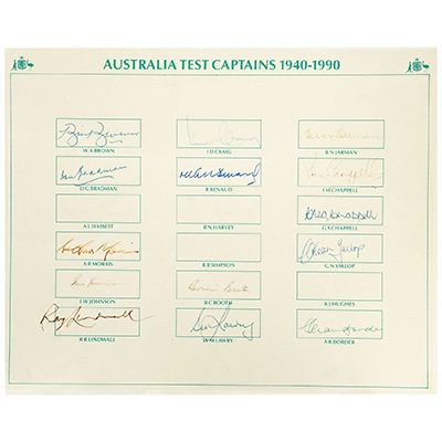 AUSTRALIA TEST CAPTAINS 1940-1990 AUTOGRAPH SHEET