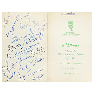 SHEFFIELD CRICKET LOVERS' SOCIETY  DINNER MENU CARD