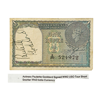 A KING GEORGE VI INDIAN ONE-RUPEE NOTE SIGNED BY RENOWNED AMERICAN ACTRESS PAULETTE GODDARD (1910–1990)